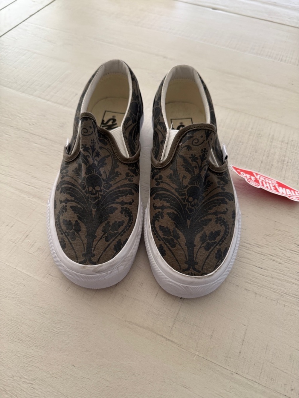 Vans Slip-On Sneakers Brown and Black Damask Skull Print